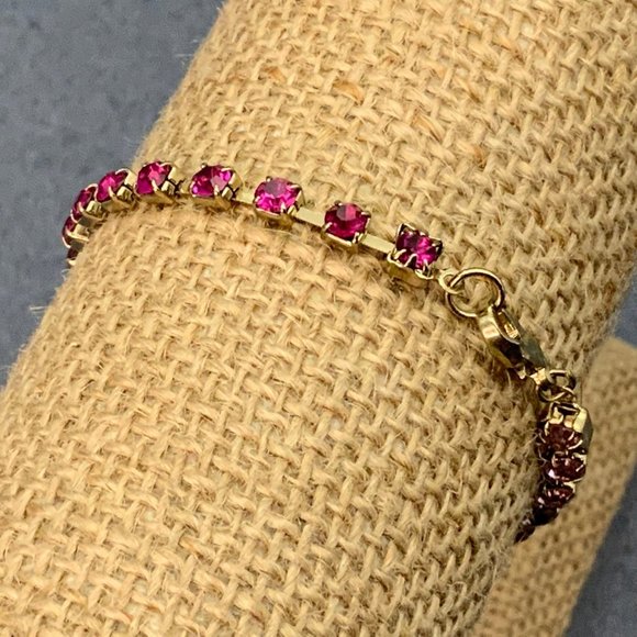 Pink Gold Rhinestone Bracelet Magenta Lobster Claw Closure - Picture 2 of 6